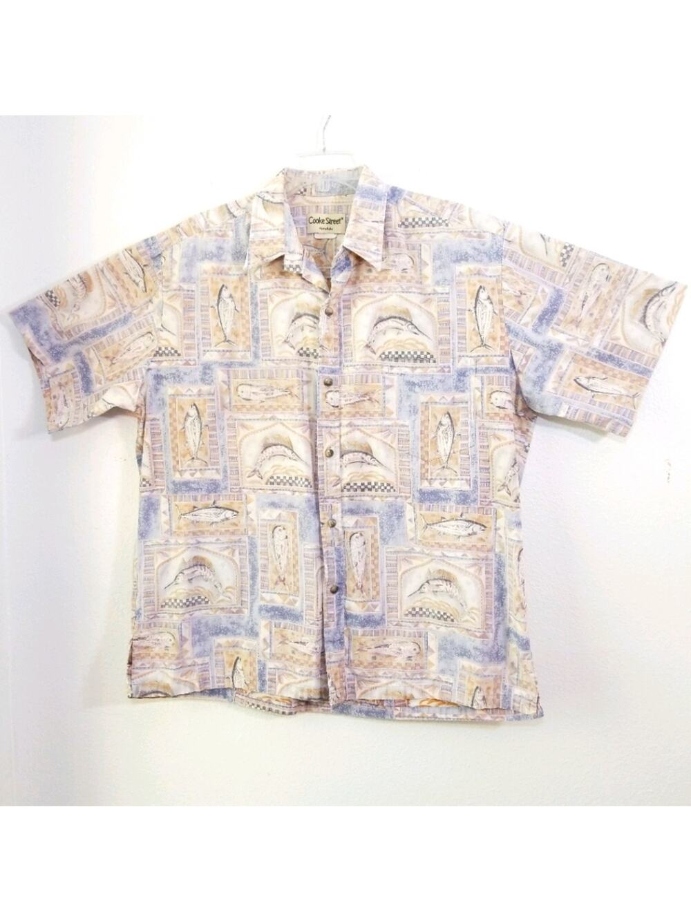 Vtg Cooke Street Hawaiian fish reverse camp shirt